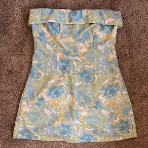 Chic Strapless Floral Dress in Blue and Yellow